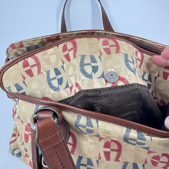 Etienne Aigner Monogram Canvas Shoulder Tote Brown Faux Leather Trim - Picture 7 of 16